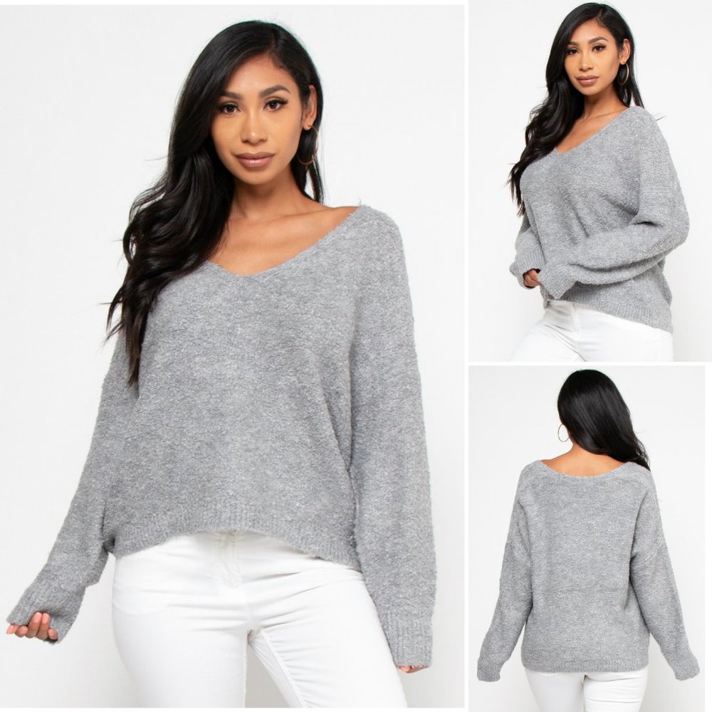 V-NECK Oversized LONG SLEEVE KNIT SWEATER Relaxed fit, S,M,L,Gray